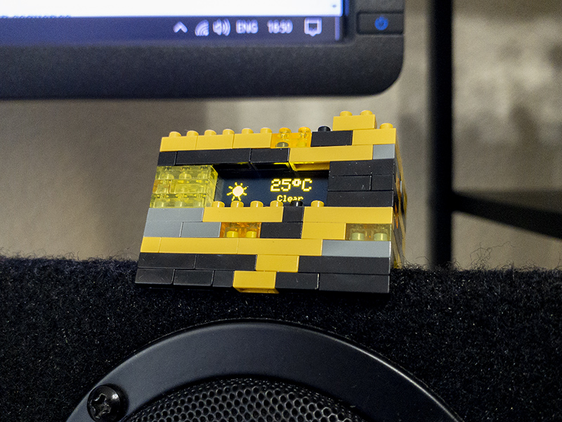 A photo of the finished weather brick on a desk